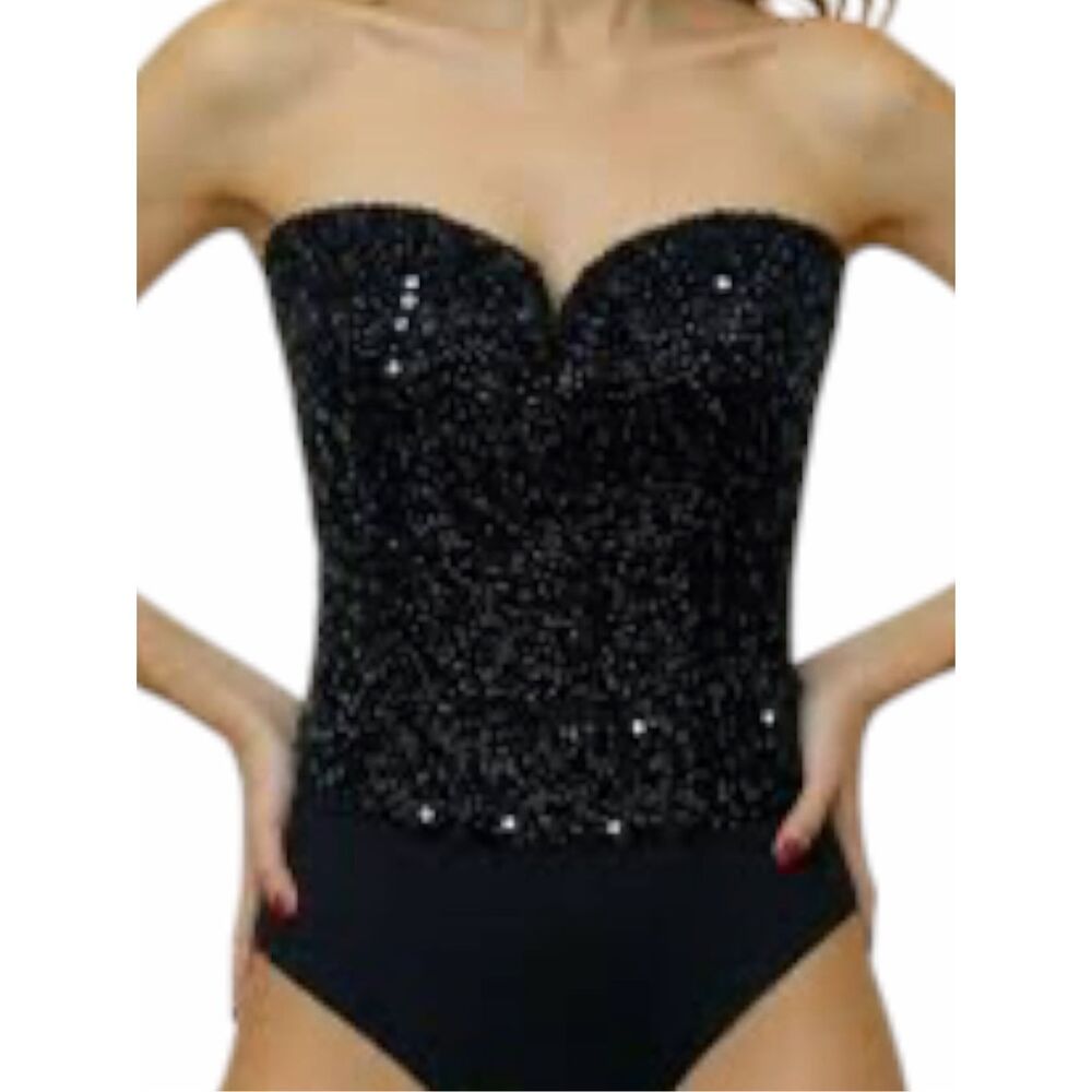 Black Sequin Strapless Bustier Corset Top Sweetheart Neck Medium/Large